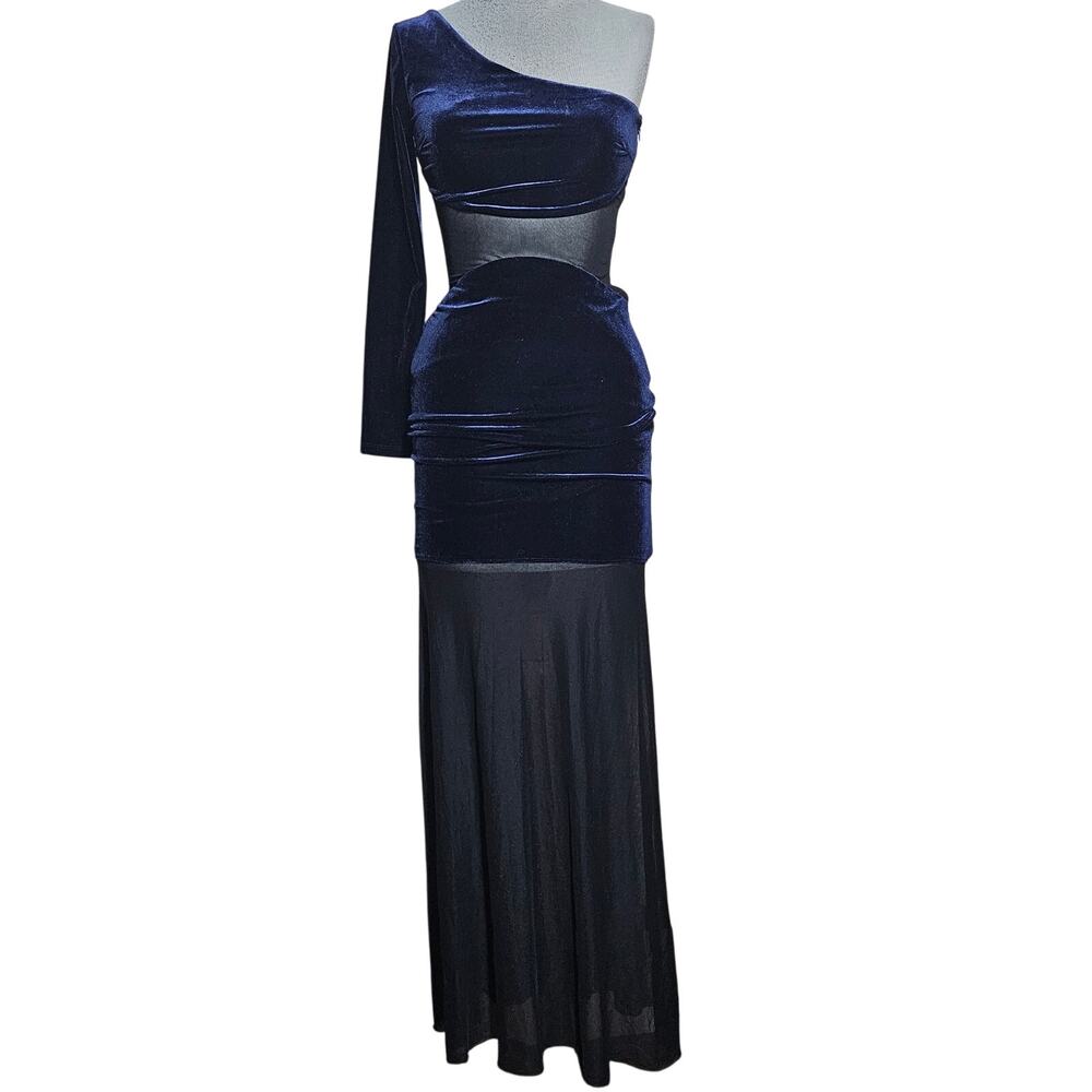 Forever Unique Blue Velvet One Shoulder Maxi Dress Size 8